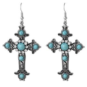 Jessica Simpson Turquoise and Silver  Rhinestone Cross Earrings NWOT